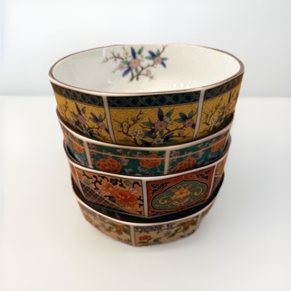 4pc Japanese Imari Octagon Shaped Hand Painted Rice Bowls Vintage Asian Eclectic